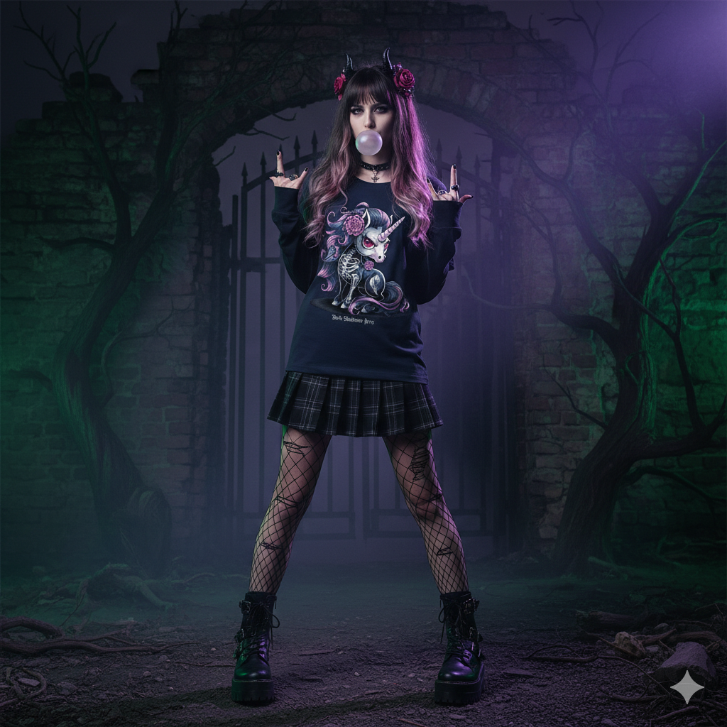 Ein Goth-Model im Nu-Goth-Stil steht nachts auf einem verlassenen Jahrmarkt und trägt das morbide "Skeletal Unicorn" Premium Classix T-Shirt. Dark Fantasy Horror Mode von Dark Shadows Arts