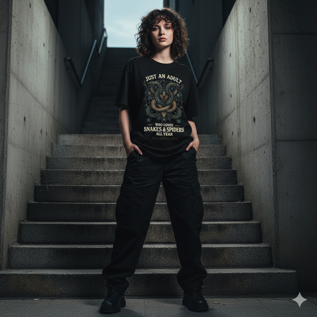 Schwarzes Heavy Oversized T-Shirt mit symmetrischem Schlangen- und Spinnen-Print im Vintage-Sti