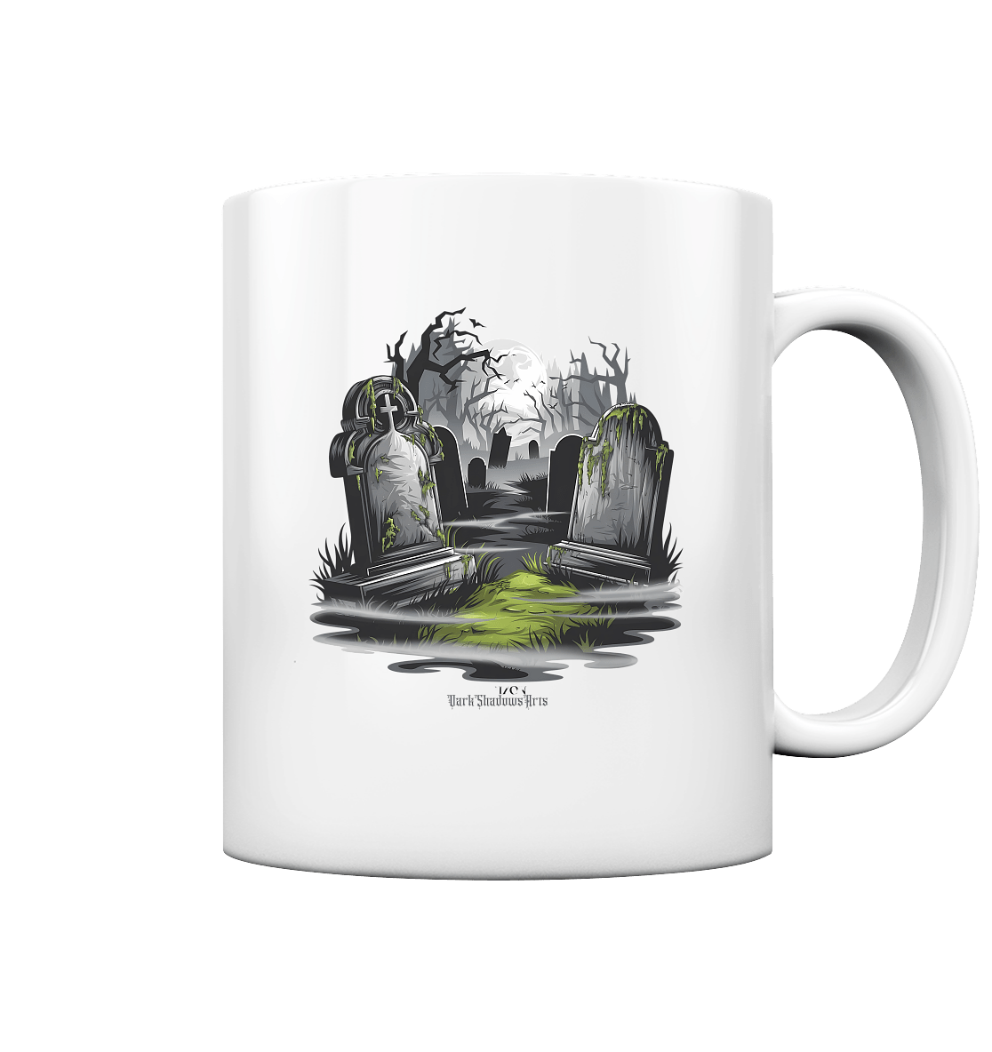 Spukfriedhof mit Vollmond und Nebel - Gruselige Halloween - Kunst - Tasse glossy | Trinkgefäße | Dark Shadows Arts