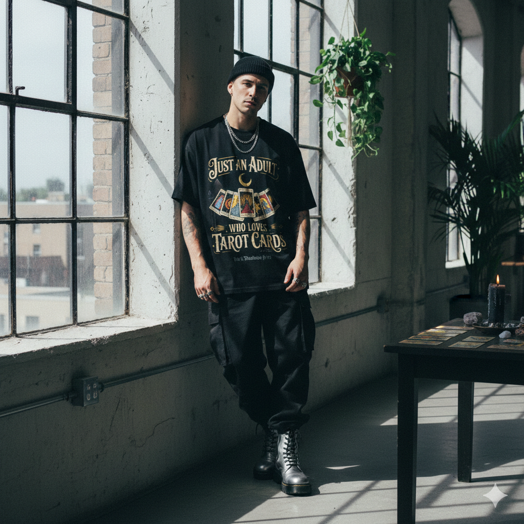 Schwarzes schweres Oversized T-Shirt mit großem Tarotkarten-Fächer und dem Schriftzug Just an Adult Who Loves Tarot Cards von Dark Shadows Arts