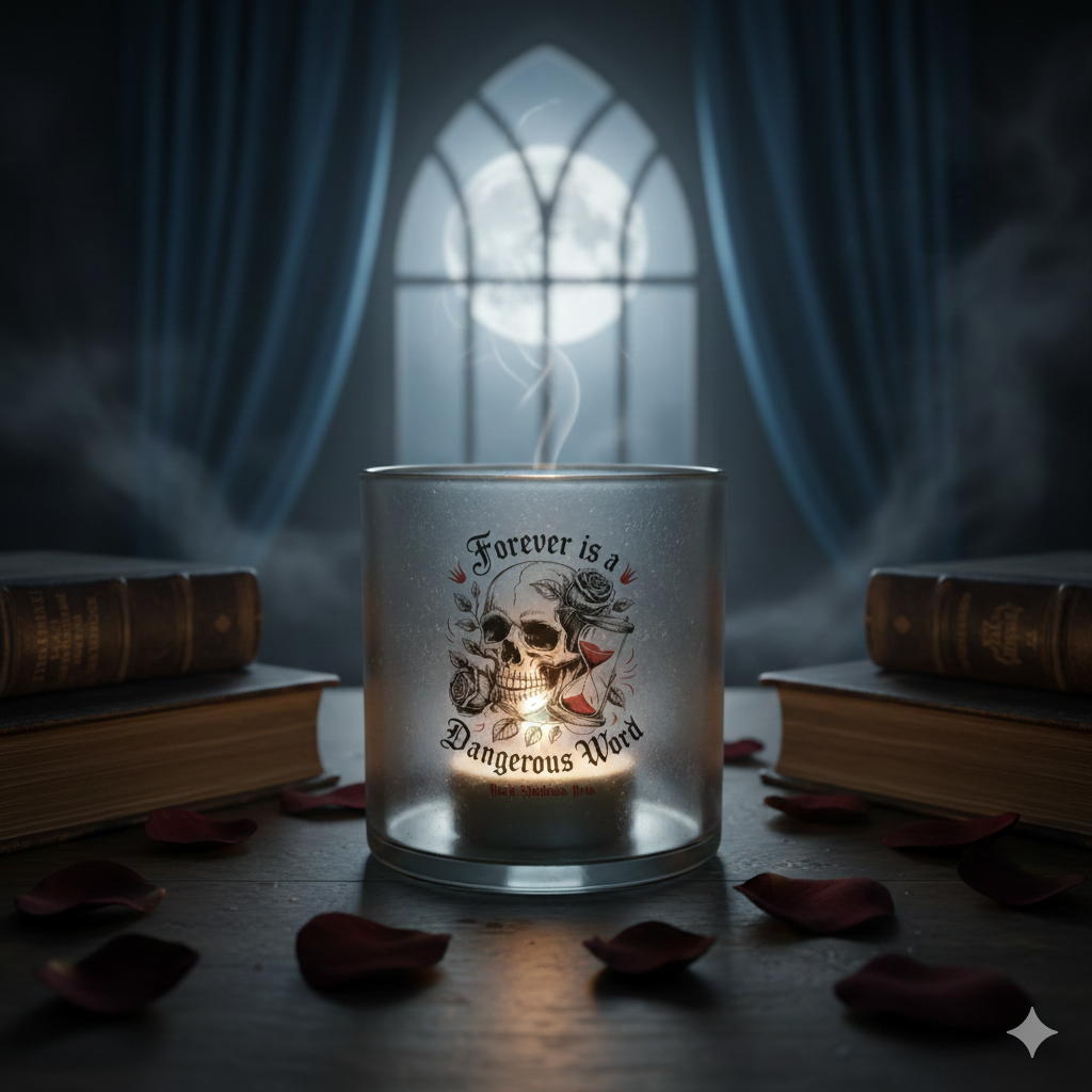 Satiniertes Glas-Windlicht mit Totenkopf-Design und Schriftzug vor einem gotischen Fenster im Mondlicht