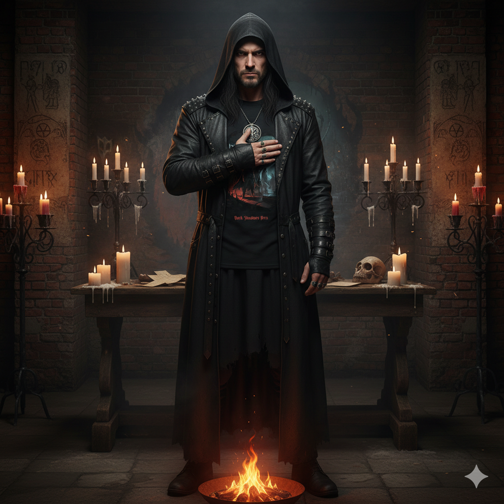 Ein dunkel gekleidetes Goth-Model legt im Kerzenschein feierlich die Hand aufs Herz und trägt das "The Black Covenant" Premium Classix T-Shirt. Okkulte Bruderschafts-Mode von Dark Shadows Arts