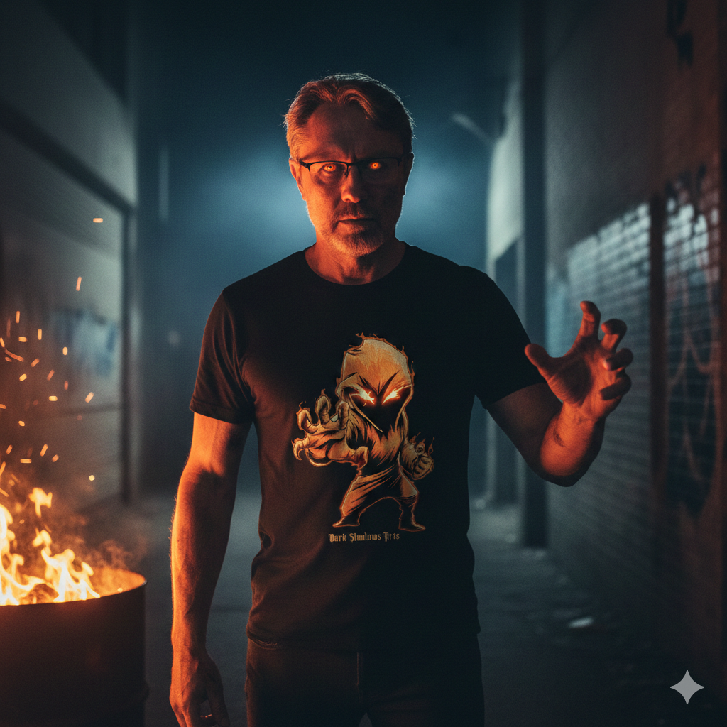Ein kraftvolles Goth-Model im Feuerschein trägt das lodernde "The Burning Guardian" Premium Classix T-Shirt. Epische Dark Fantasy und Heritage Mode von Dark Shadows Arts