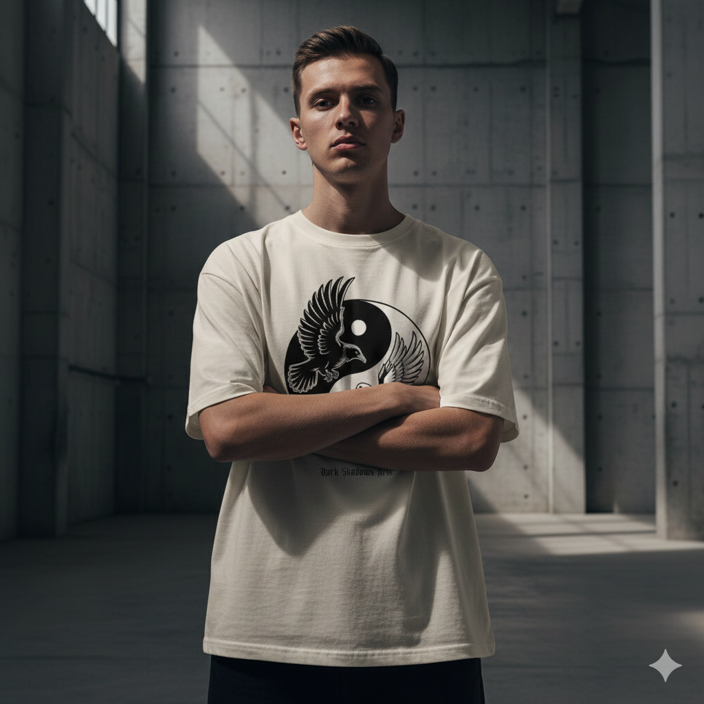 Schwarzes schweres Oversized T-Shirt mit großem Yin-Yang-Vogel-Motiv und Schriftzug The Dual Nature von Dark Shadows Arts.