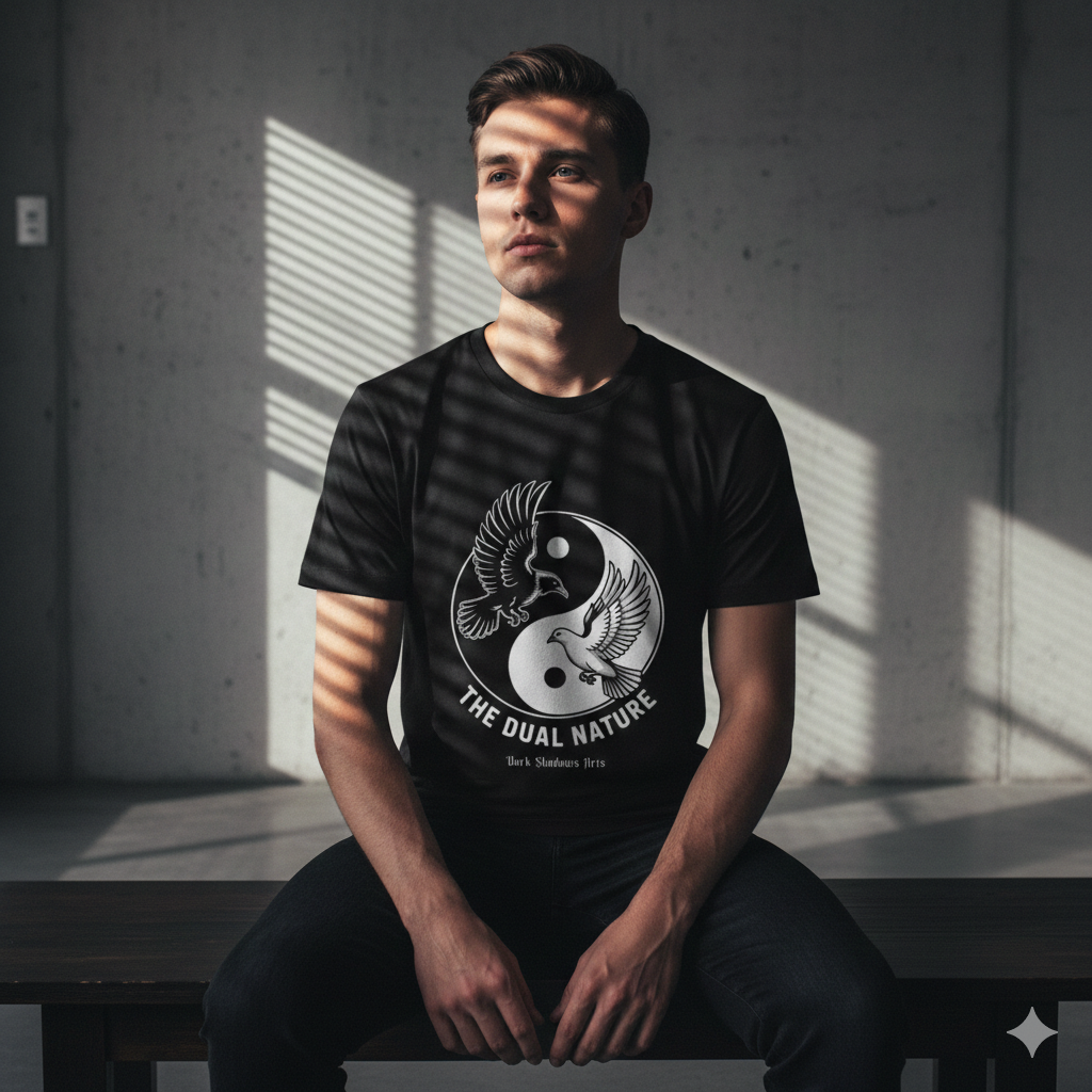Schwarzes T-Shirt mit grafischem Yin-Yang-Motiv aus zwei fliegenden Vögeln und dem Schriftzug The Dual Nature von DSA