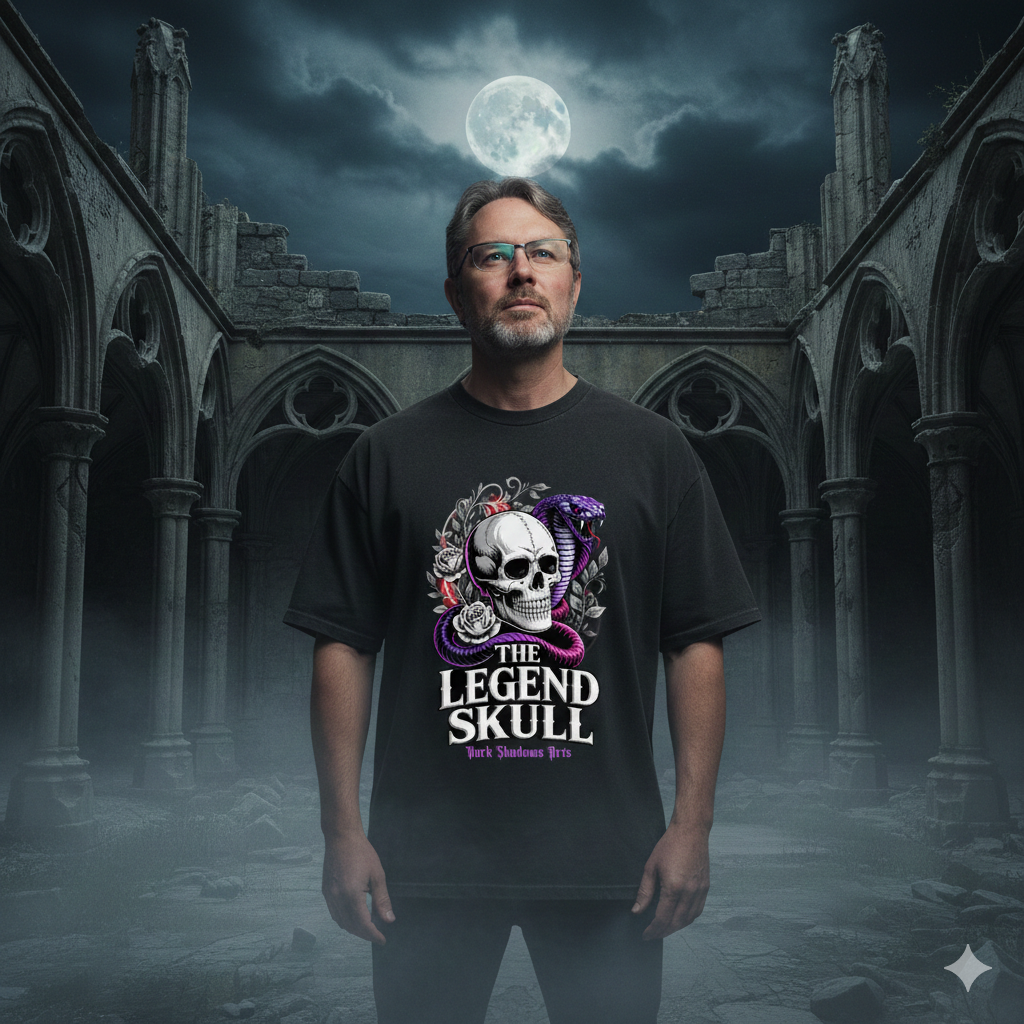 Schwarzes schweres Oversized T-Shirt mit großem Totenkopf, violetter Schlange und dem Schriftzug The Legend Skull von Dark Shadows Arts