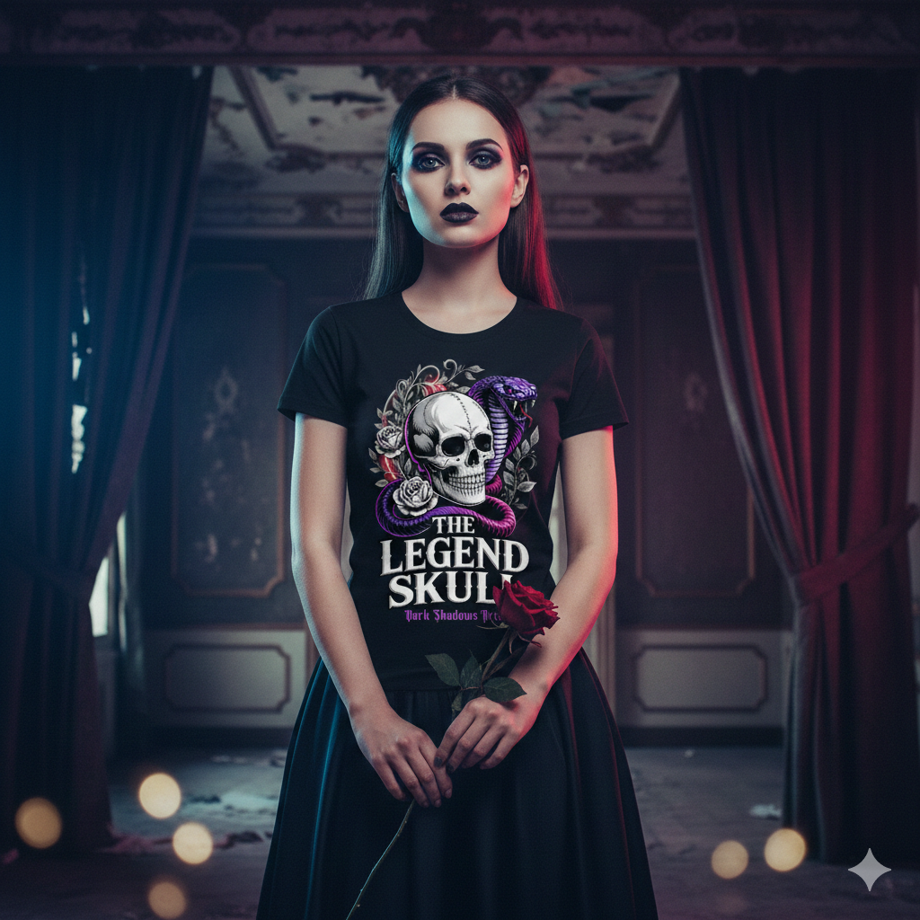 Schwarzes T-Shirt mit großem Totenkopf, violetter Schlange und Rosen unter dem Schriftzug The Legend Skull von Dark Shadows Arts