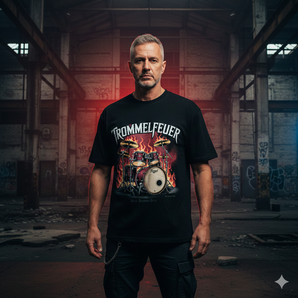 Frontansicht eines schwarzen 240 GSM Oversized Shirts mit dem brennenden Schlagzeug-Motiv „Trommelfeuer“.