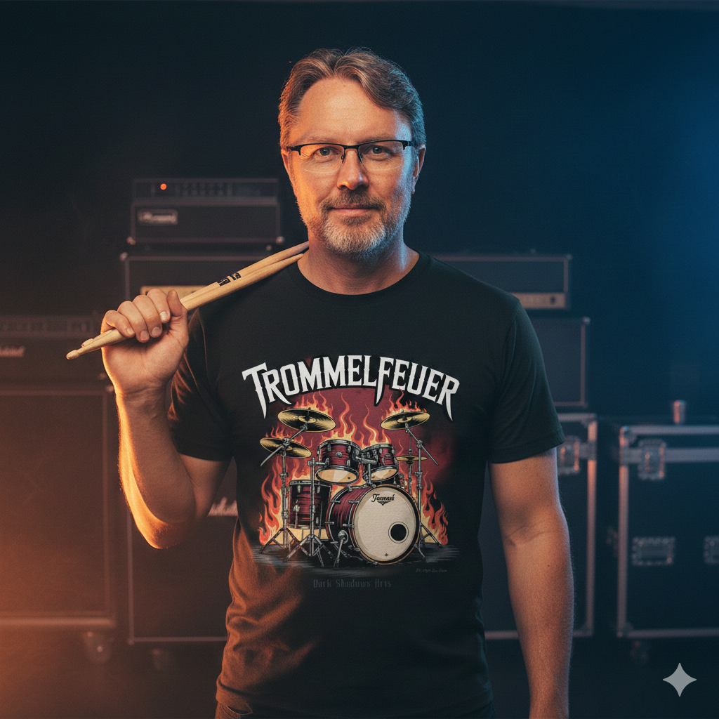 Frontansicht eines schwarzen T-Shirts mit einem brennenden Schlagzeug und dem monumentalen Schriftzug „Trommelfeuer“