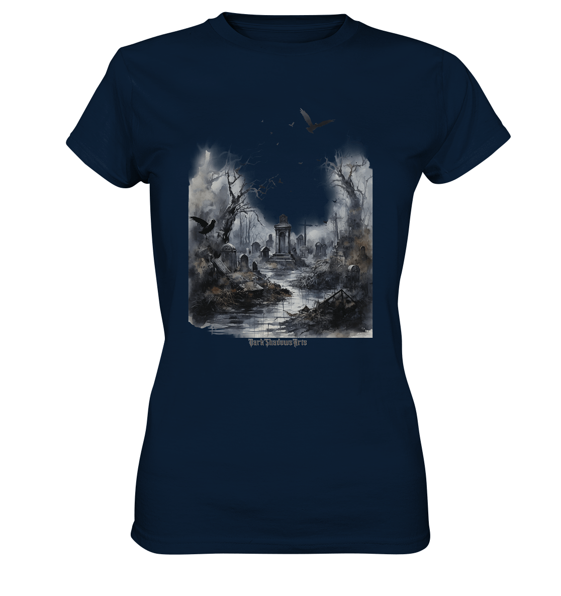 Unheimlicher Nebelfriedhof_ Düstere Aquarellkunst mit Krähen und kahlen Bäumen - Ladies Premium Shirt | Lady - Shirts | Dark Shadows Arts
