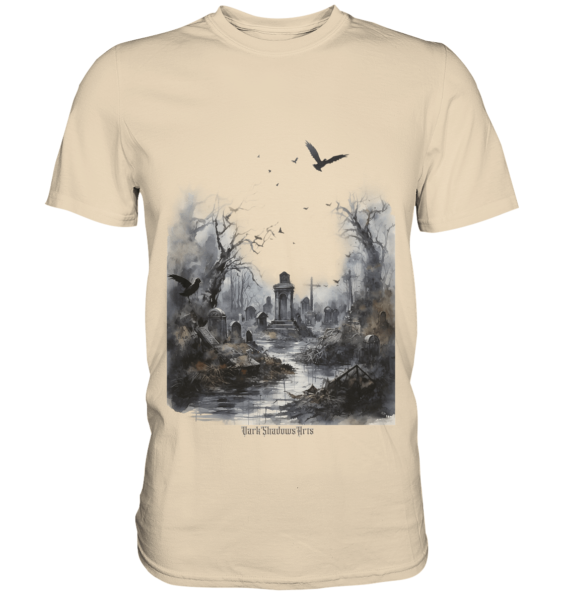 Unheimlicher Nebelfriedhof_ Düstere Aquarellkunst mit Krähen und kahlen Bäumen - Premium Shirt | Unisex - Shirts | Dark Shadows Arts