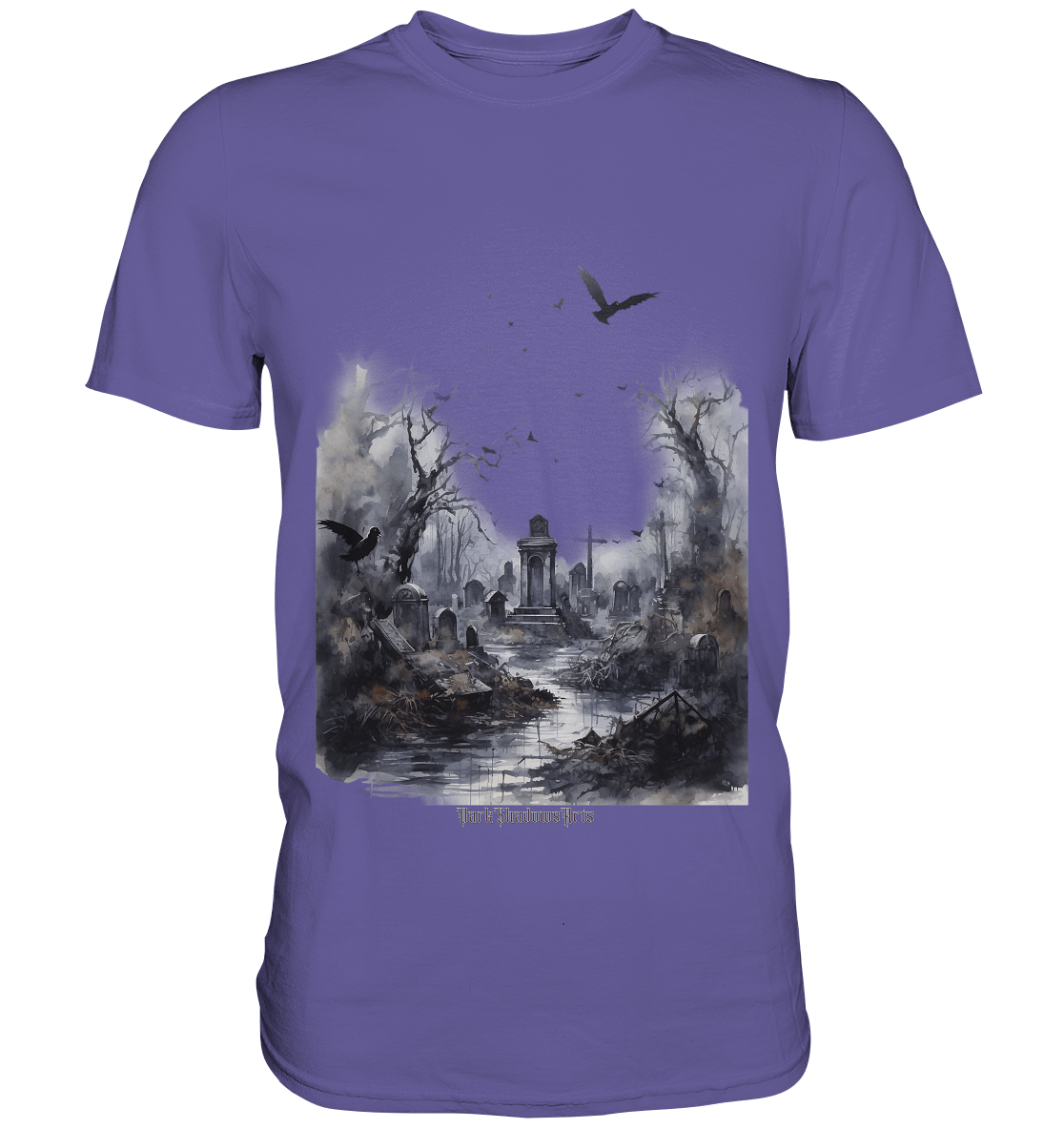 Unheimlicher Nebelfriedhof_ Düstere Aquarellkunst mit Krähen und kahlen Bäumen - Premium Shirt | Unisex - Shirts | Dark Shadows Arts