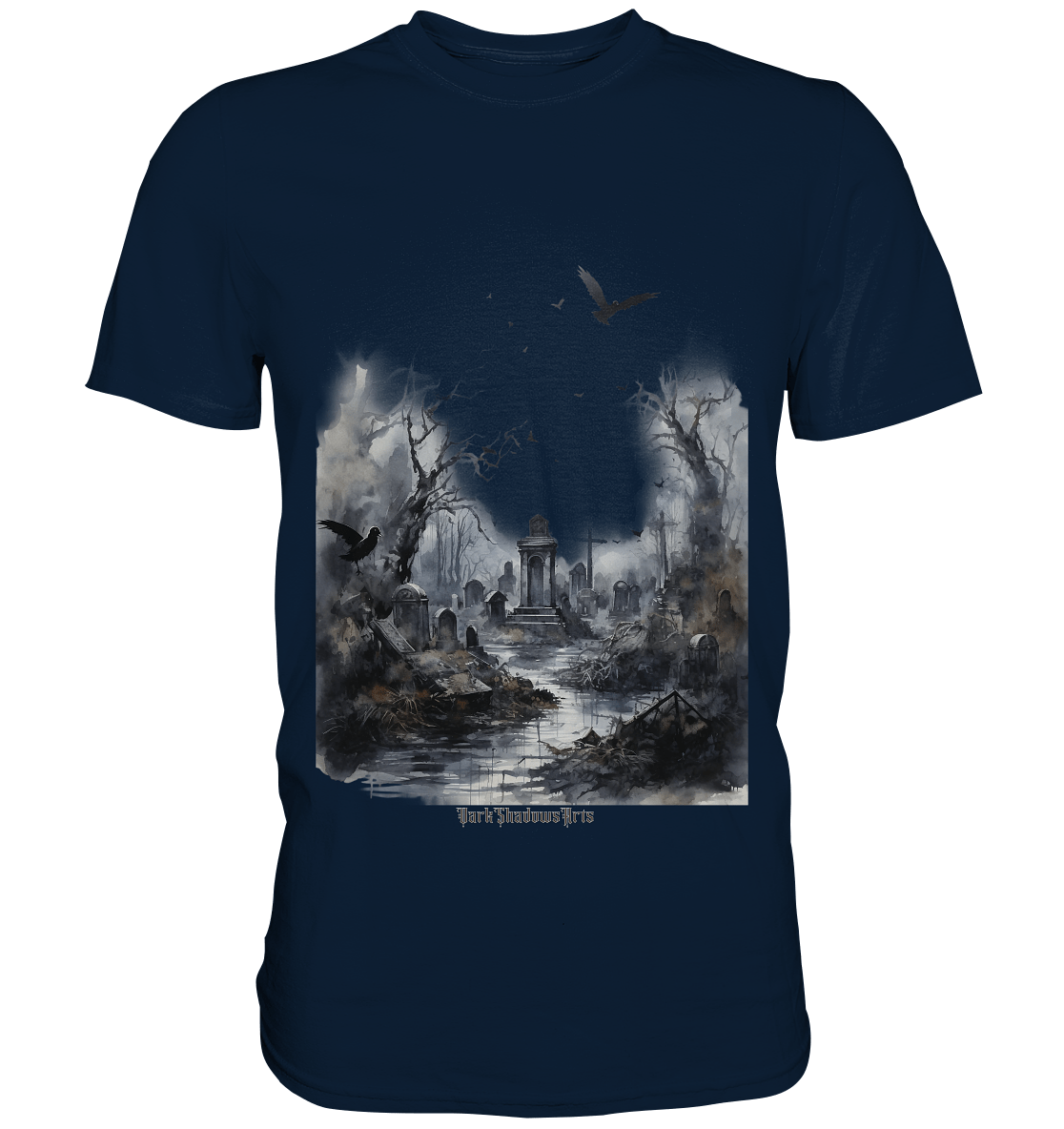 Unheimlicher Nebelfriedhof_ Düstere Aquarellkunst mit Krähen und kahlen Bäumen - Premium Shirt | Unisex - Shirts | Dark Shadows Arts