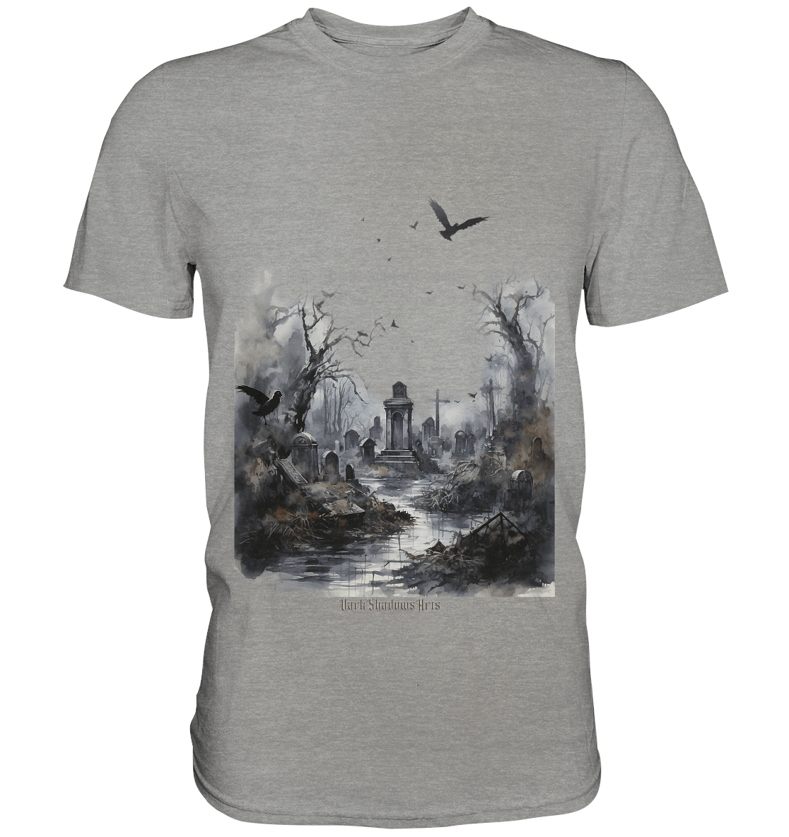 Unheimlicher Nebelfriedhof_ Düstere Aquarellkunst mit Krähen und kahlen Bäumen - Premium Shirt | Unisex - Shirts | Dark Shadows Arts
