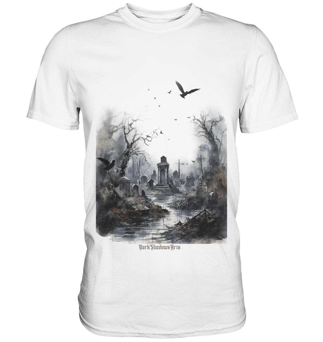 Unheimlicher Nebelfriedhof_ Düstere Aquarellkunst mit Krähen und kahlen Bäumen - Premium Shirt | Unisex - Shirts | Dark Shadows Arts