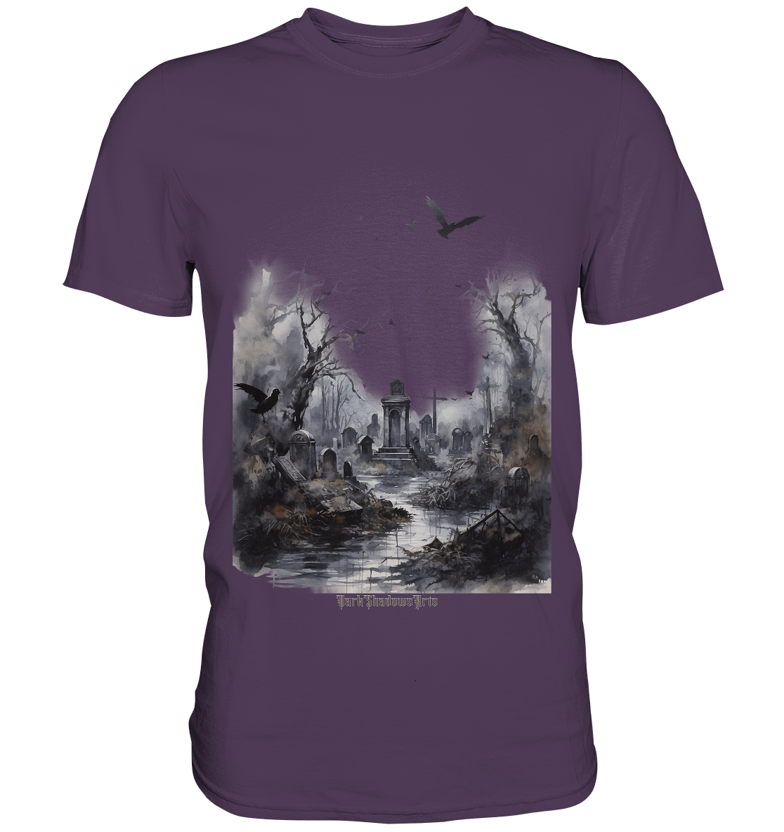 Unheimlicher Nebelfriedhof_ Düstere Aquarellkunst mit Krähen und kahlen Bäumen - Premium Shirt | Unisex - Shirts | Dark Shadows Arts