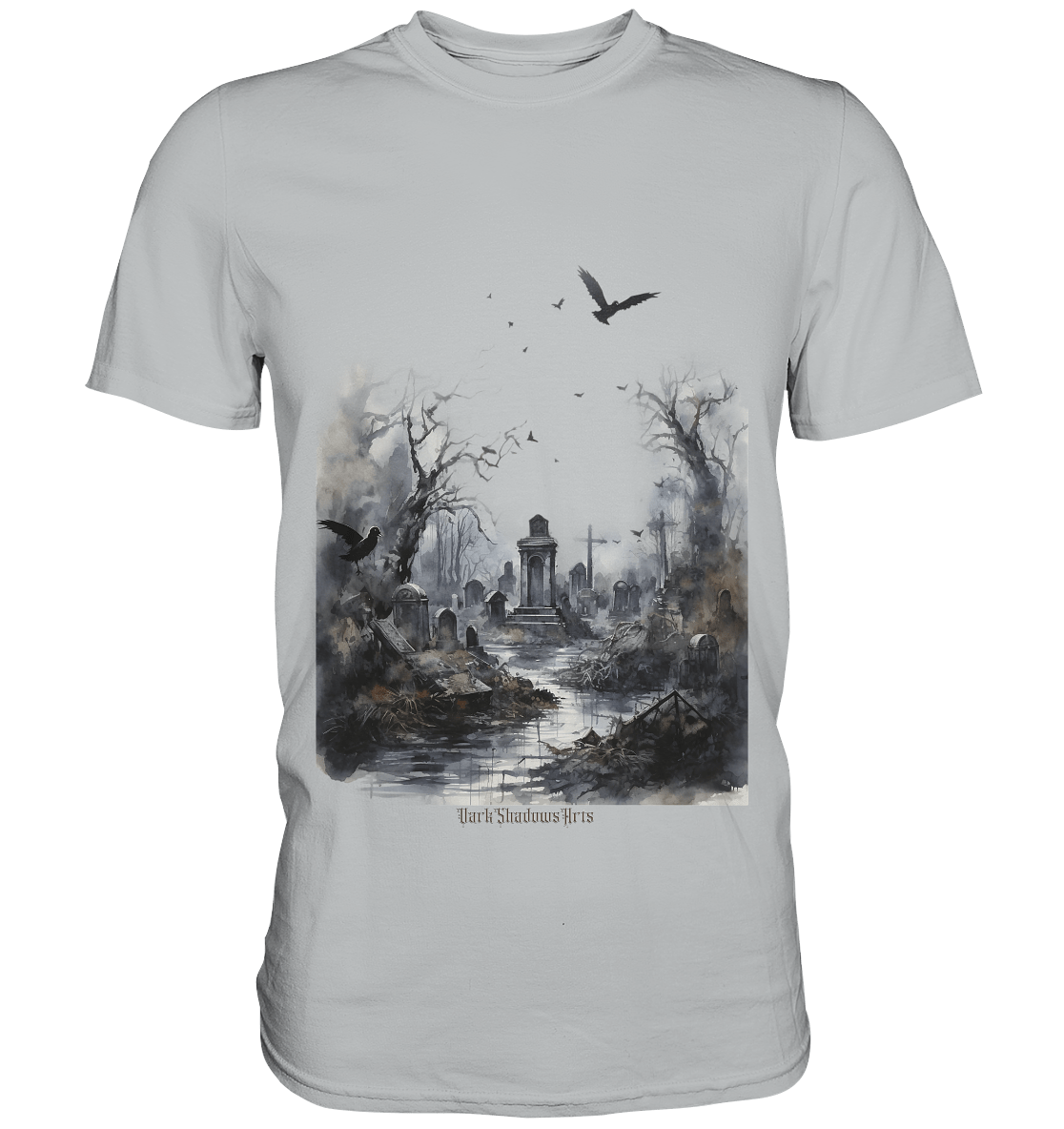 Unheimlicher Nebelfriedhof_ Düstere Aquarellkunst mit Krähen und kahlen Bäumen - Premium Shirt | Unisex - Shirts | Dark Shadows Arts