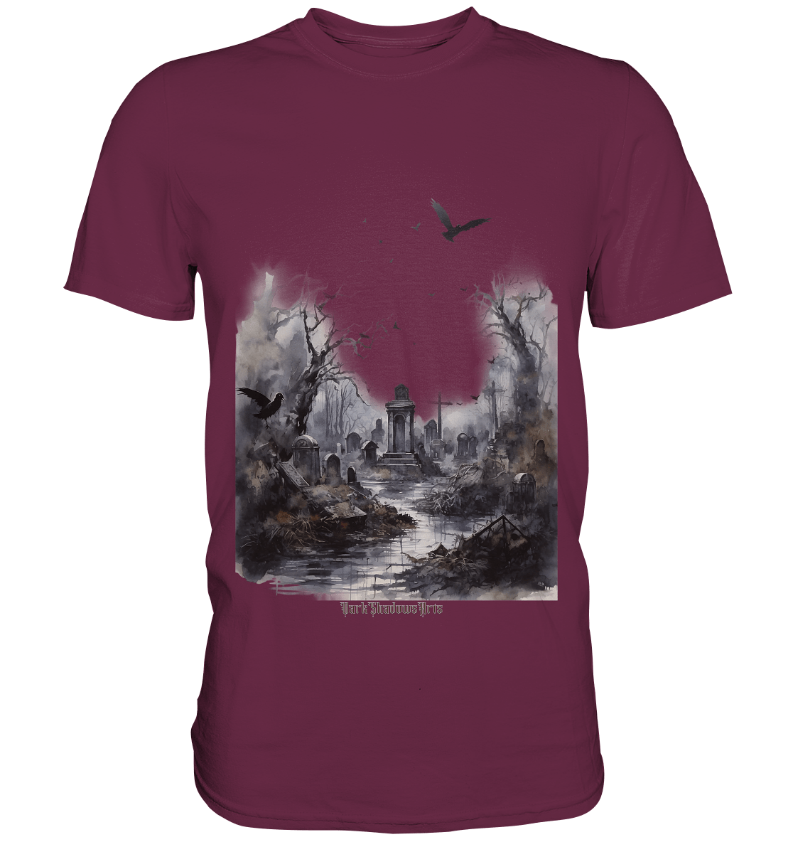 Unheimlicher Nebelfriedhof_ Düstere Aquarellkunst mit Krähen und kahlen Bäumen - Premium Shirt | Unisex - Shirts | Dark Shadows Arts
