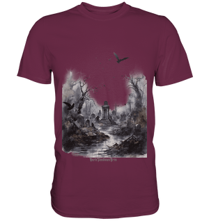 Unheimlicher Nebelfriedhof_ Düstere Aquarellkunst mit Krähen und kahlen Bäumen - Premium Shirt | Unisex - Shirts | Dark Shadows Arts