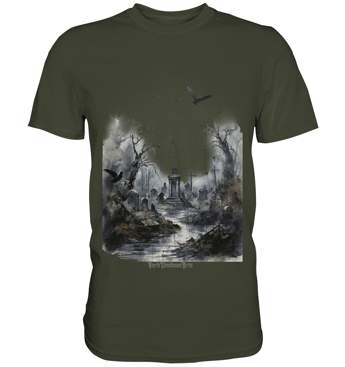 Unheimlicher Nebelfriedhof_ Düstere Aquarellkunst mit Krähen und kahlen Bäumen - Premium Shirt | Unisex - Shirts | Dark Shadows Arts