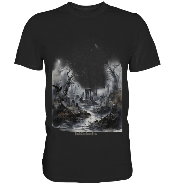 Unheimlicher Nebelfriedhof_ Düstere Aquarellkunst mit Krähen und kahlen Bäumen - Premium Shirt | Unisex - Shirts | Dark Shadows Arts
