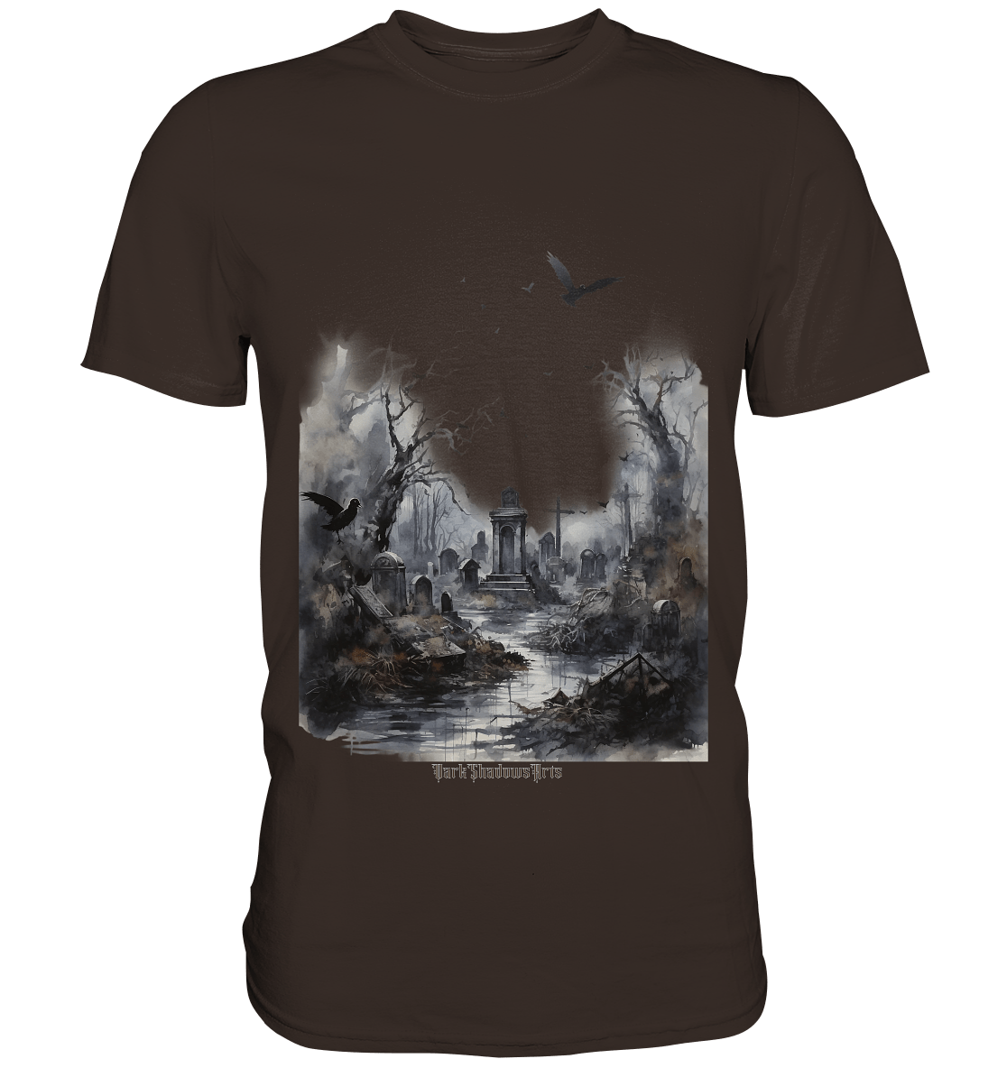 Unheimlicher Nebelfriedhof_ Düstere Aquarellkunst mit Krähen und kahlen Bäumen - Premium Shirt | Unisex - Shirts | Dark Shadows Arts