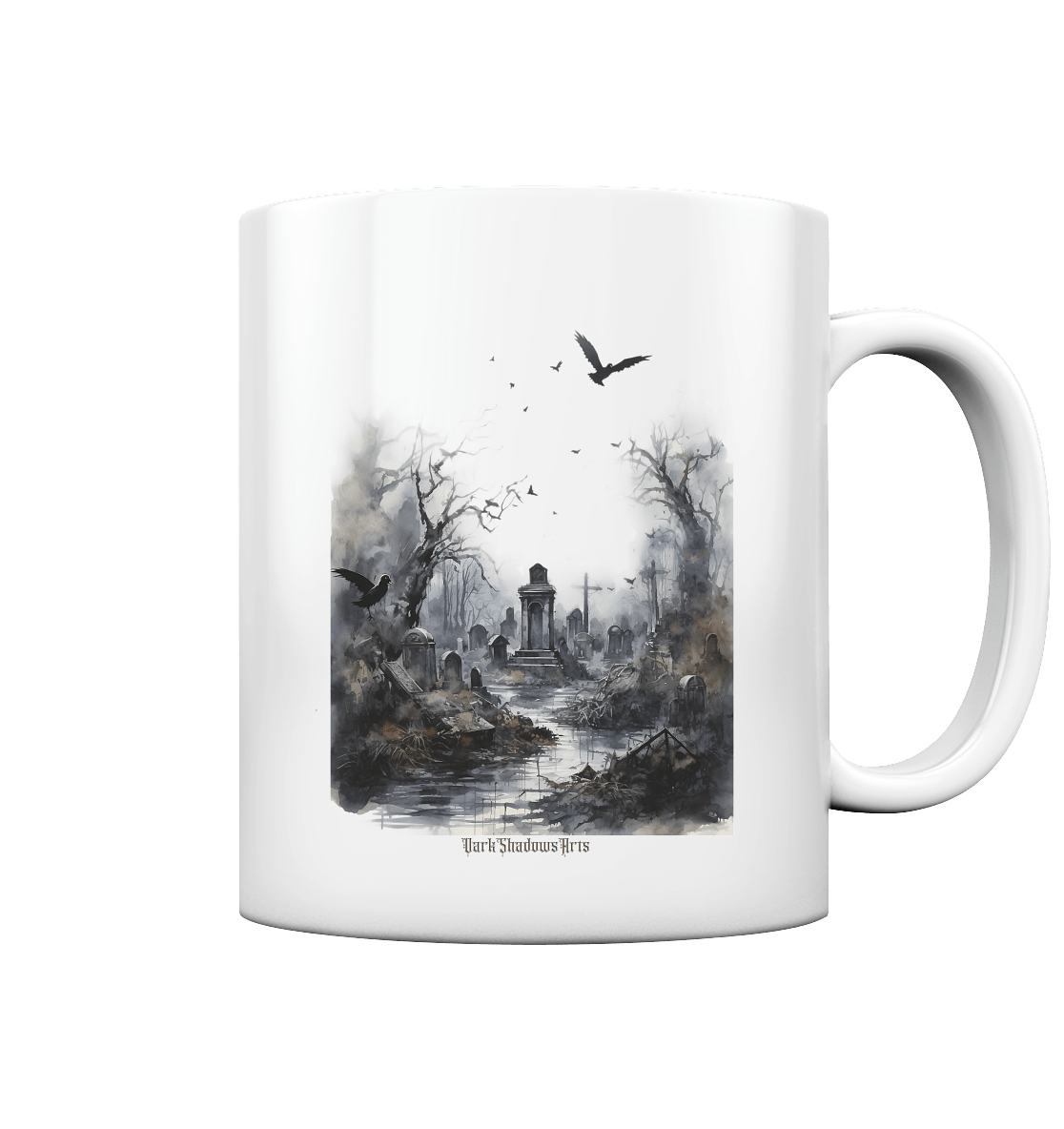 Unheimlicher Nebelfriedhof_ Düstere Aquarellkunst mit Krähen und kahlen Bäumen - Tasse glossy | Trinkgefäße | Dark Shadows Arts