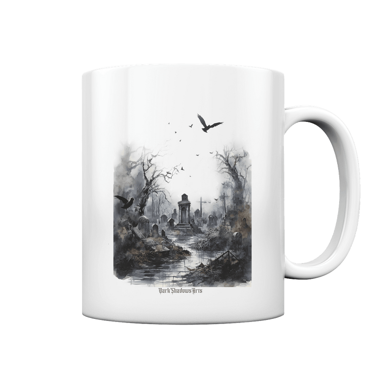 Unheimlicher Nebelfriedhof_ Düstere Aquarellkunst mit Krähen und kahlen Bäumen - Tasse glossy | Trinkgefäße | Dark Shadows Arts