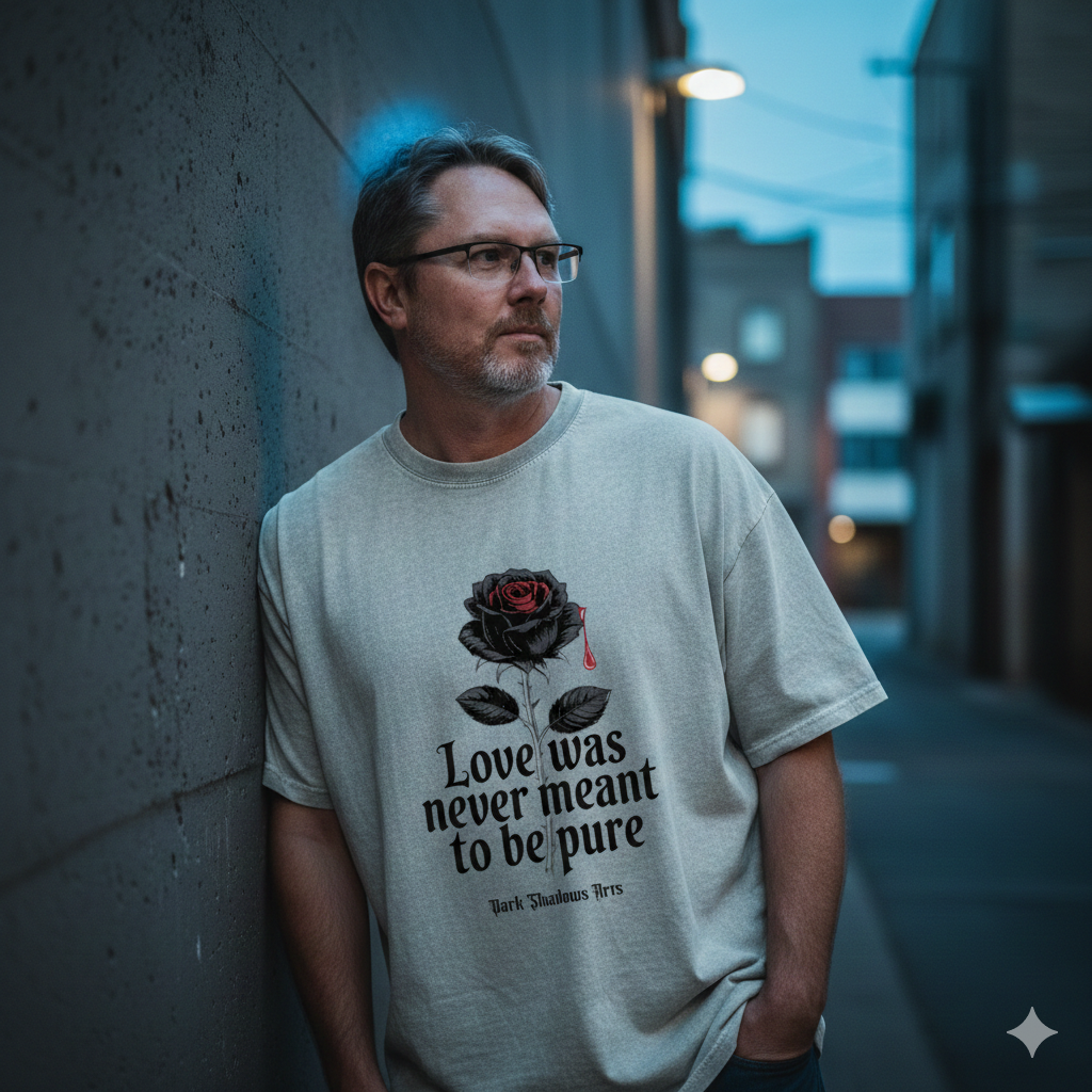 Mann in hellgrauem Oversized-Shirt mit Rosen-Print lehnt an Betonwand, urbanes Setting bei Blaue-Stunde-Licht.