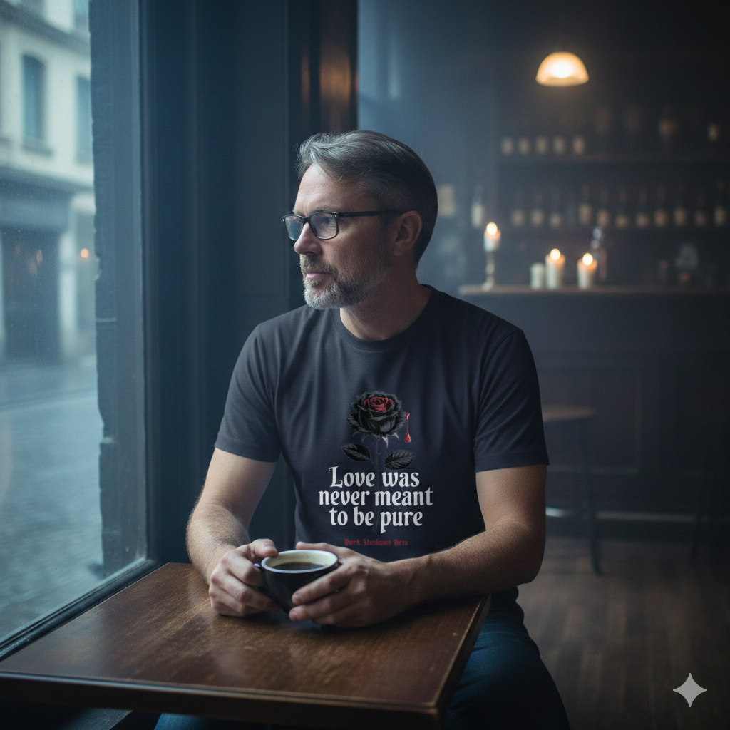 Mann mit Brille in dunklem Pub trägt schwarzes T-Shirt mit Rosen-Motiv und Spruch, melancholischer Blick aus dem Fenster.