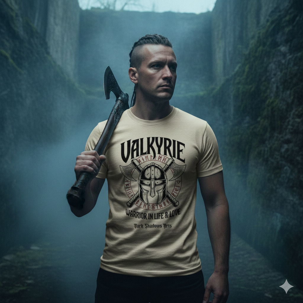 Beiges T-Shirt mit zentralem nordischen Helm, gekreuzten Äxten und rotem Runenkreis von Dark Shadows Arts