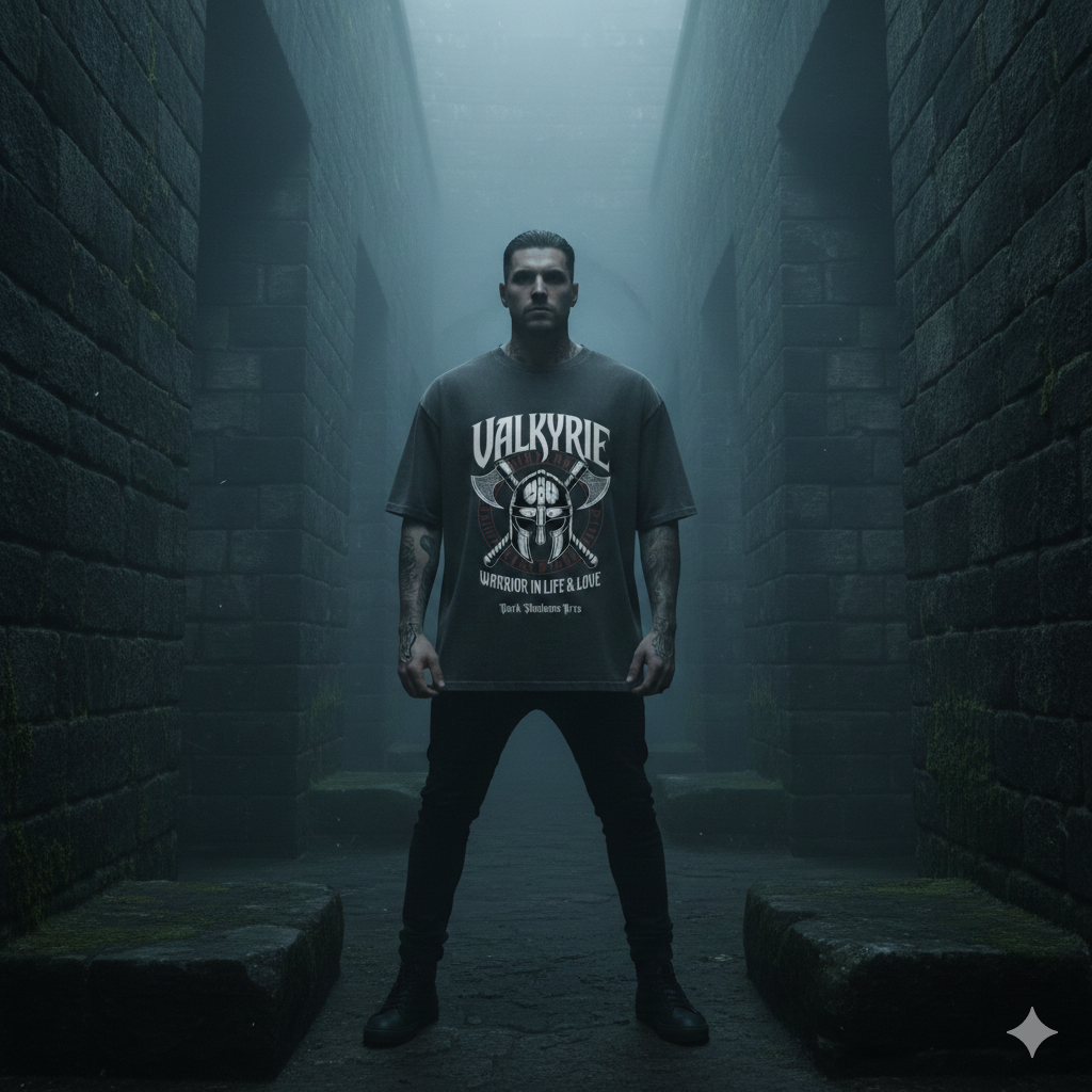 Schwarzes schweres Oversized T-Shirt mit großem nordischen Helm-Wappen und rotem Runenkreis von Dark Shadows Arts