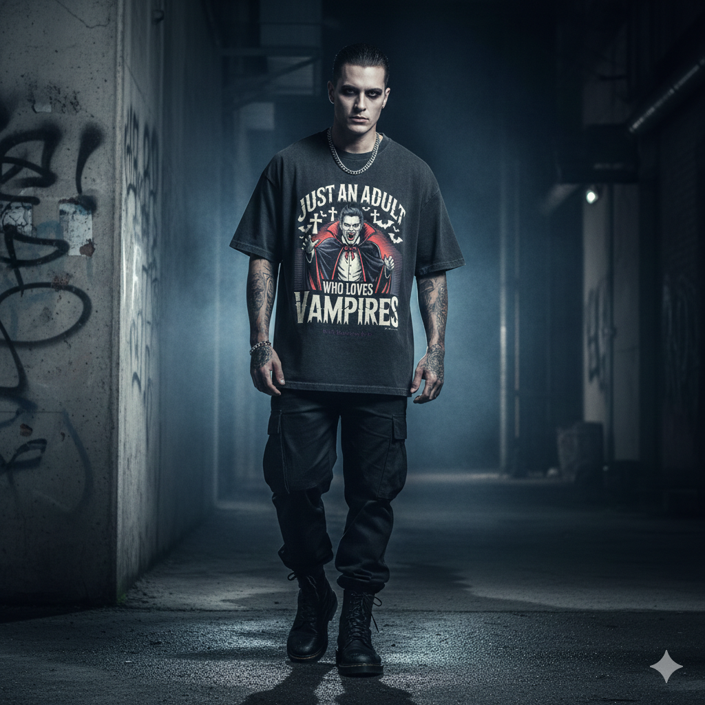 Schwarzes schweres Oversized T-Shirt mit großem Vampir-Motiv, blutrotem Umhang und dem Schriftzug Just an Adult Who Loves Vampires von Dark Shadows Arts