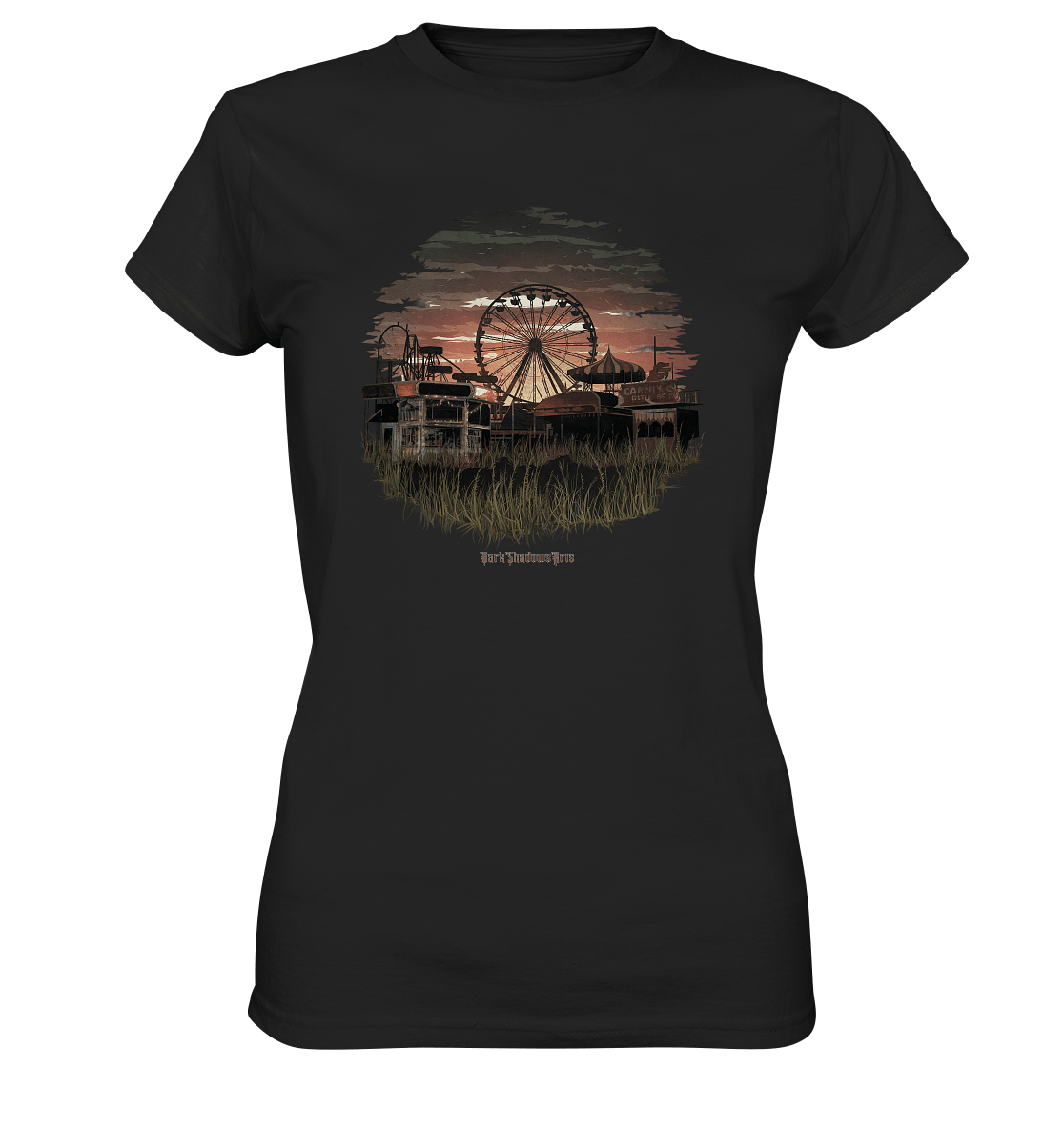 Verlassener Jahrmarkt bei Sonnenuntergang Unheimliches Riesenrad und überwucherter Rasen - Ladies Premium Shirt | Lady - Shirts | Dark Shadows Arts