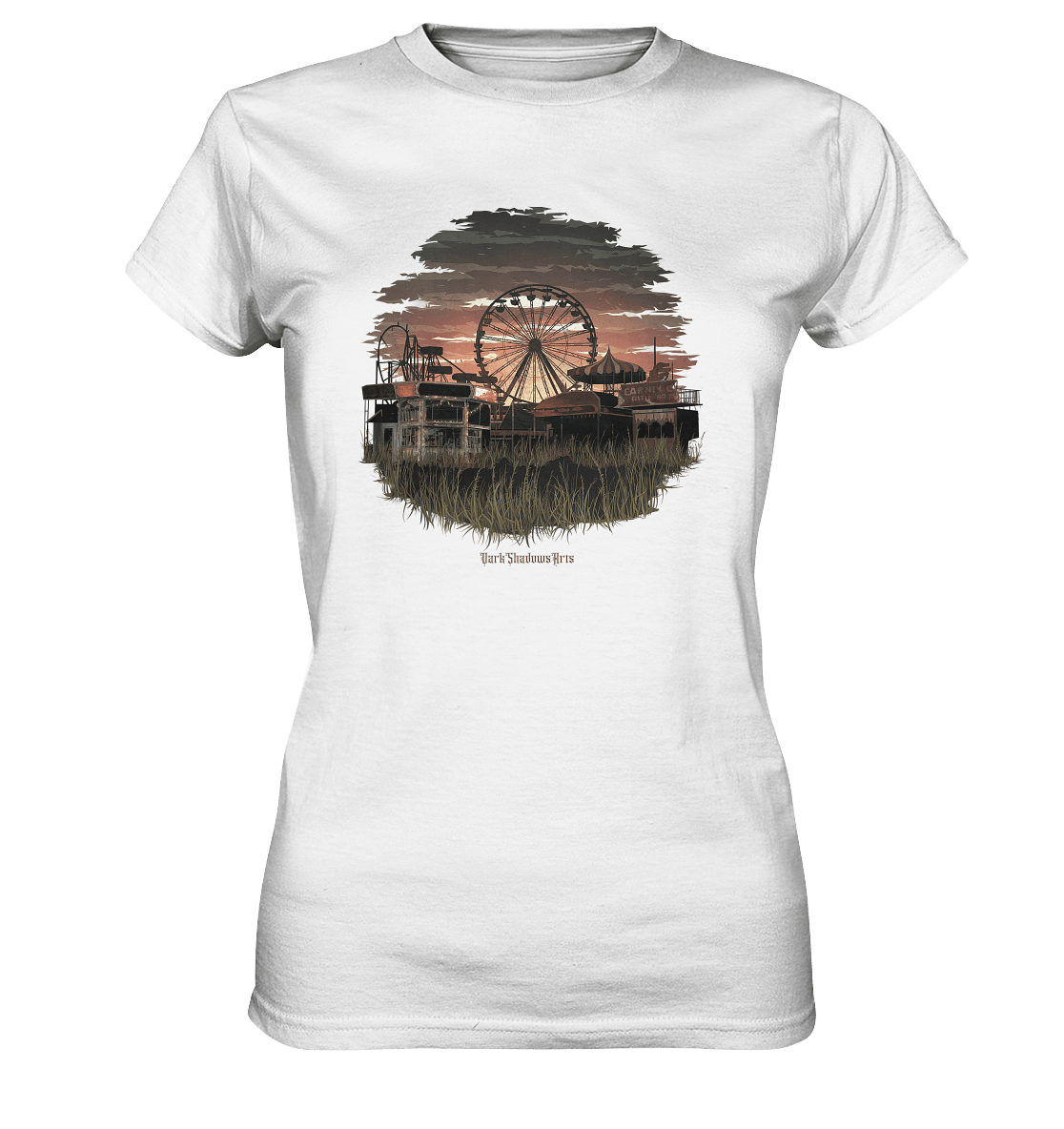 Verlassener Jahrmarkt bei Sonnenuntergang Unheimliches Riesenrad und überwucherter Rasen - Ladies Premium Shirt | Lady - Shirts | Dark Shadows Arts