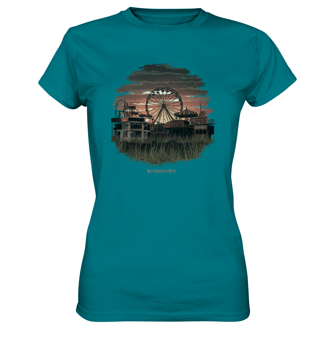 Verlassener Jahrmarkt bei Sonnenuntergang Unheimliches Riesenrad und überwucherter Rasen - Ladies Premium Shirt | Lady - Shirts | Dark Shadows Arts