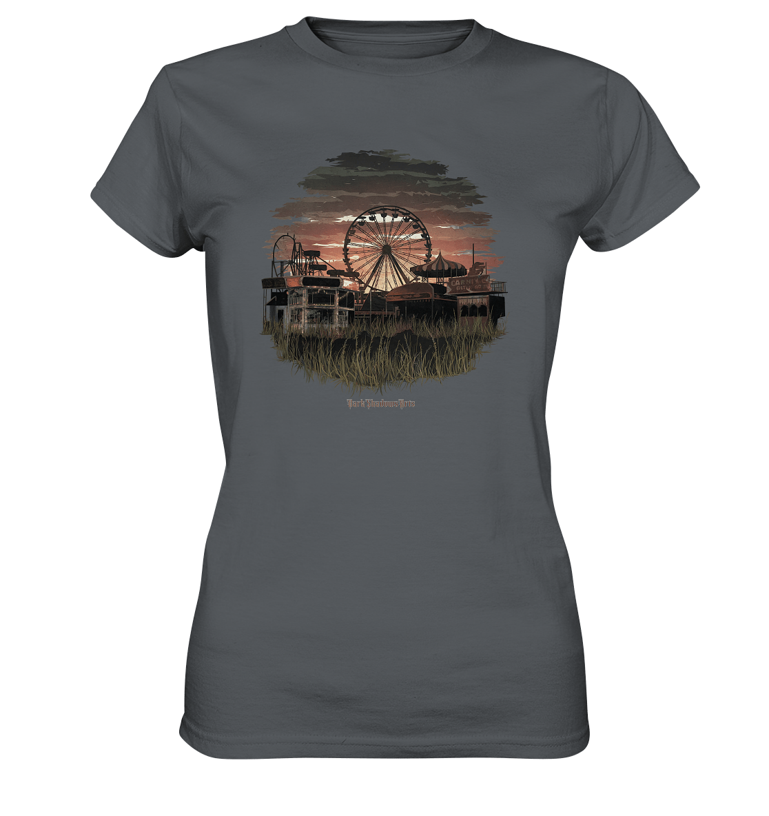 Verlassener Jahrmarkt bei Sonnenuntergang Unheimliches Riesenrad und überwucherter Rasen - Ladies Premium Shirt | Lady - Shirts | Dark Shadows Arts