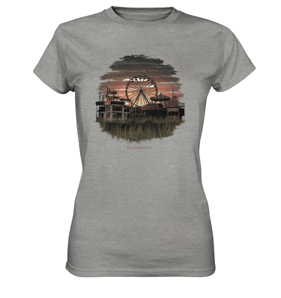 Verlassener Jahrmarkt bei Sonnenuntergang Unheimliches Riesenrad und überwucherter Rasen - Ladies Premium Shirt | Lady - Shirts | Dark Shadows Arts