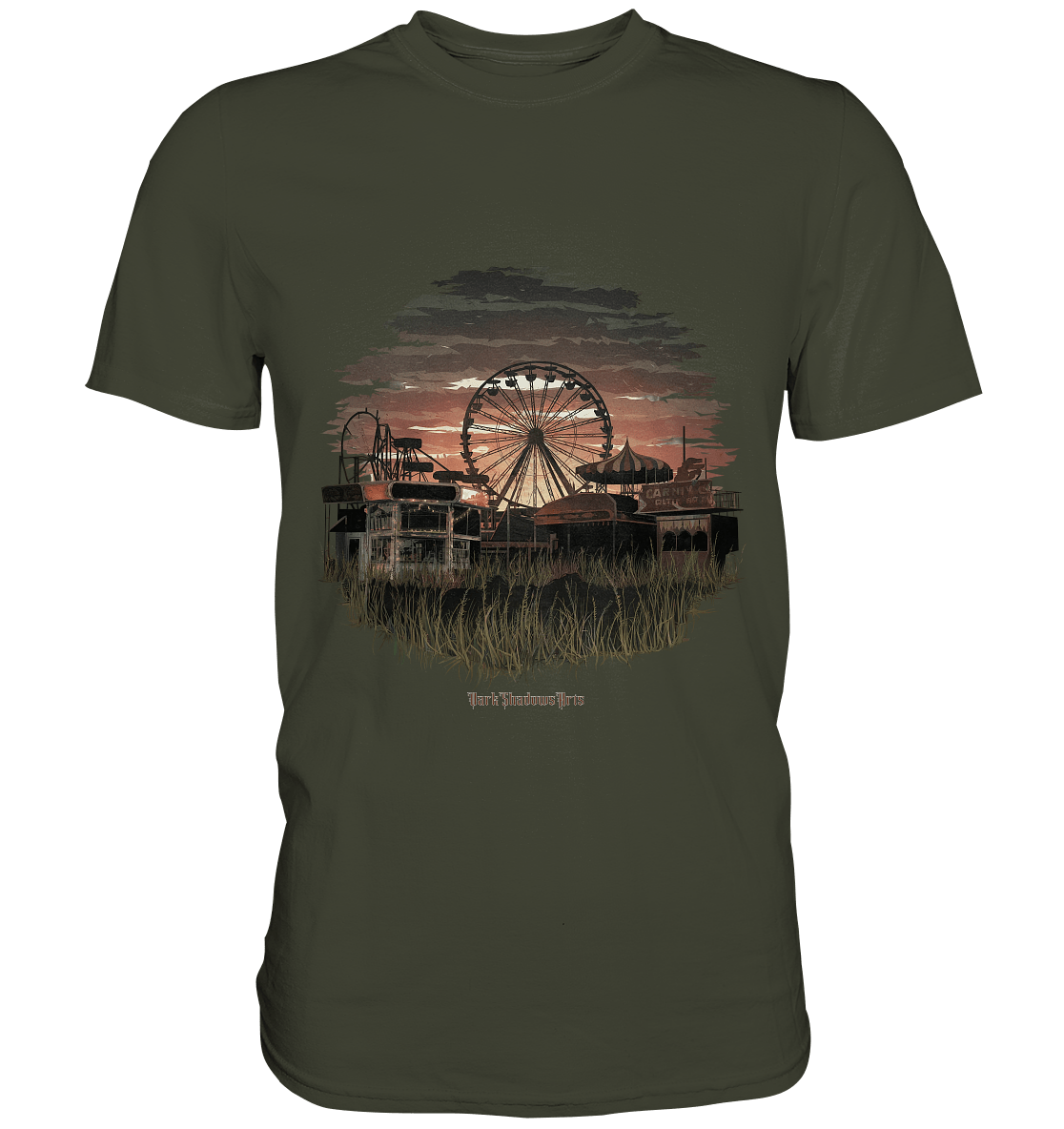 Verlassener Jahrmarkt bei Sonnenuntergang Unheimliches Riesenrad und überwucherter Rasen - Premium Shirt | Unisex - Shirts | Dark Shadows Arts