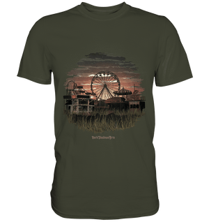 Verlassener Jahrmarkt bei Sonnenuntergang Unheimliches Riesenrad und überwucherter Rasen - Premium Shirt | Unisex - Shirts | Dark Shadows Arts