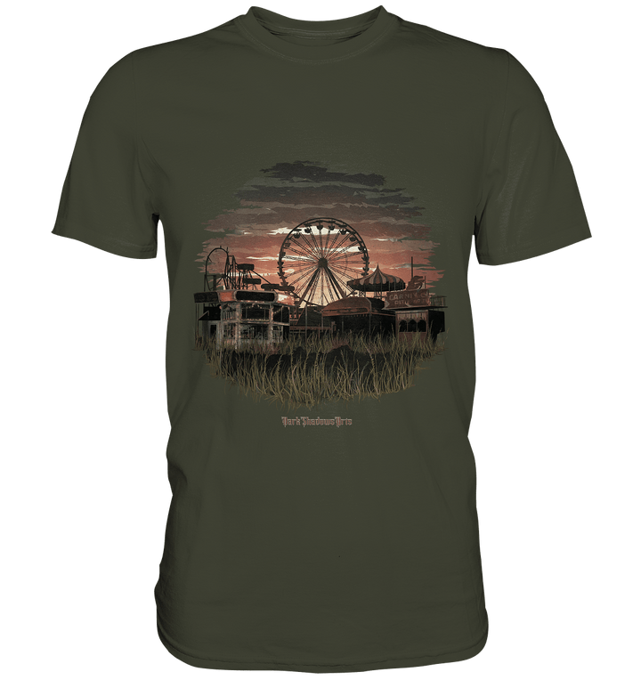 Verlassener Jahrmarkt bei Sonnenuntergang Unheimliches Riesenrad und überwucherter Rasen - Premium Shirt | Unisex - Shirts | Dark Shadows Arts