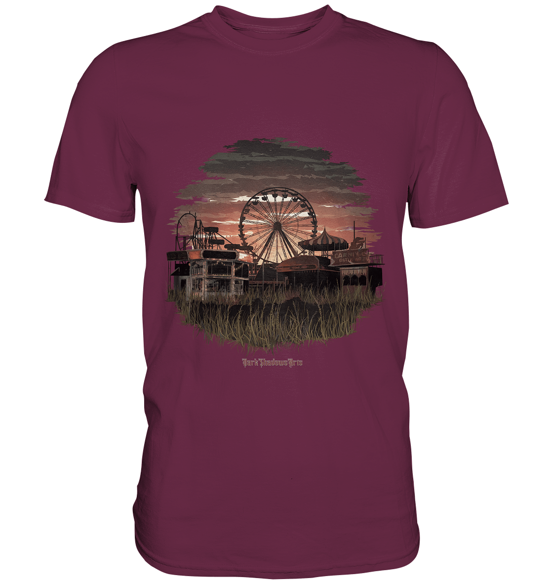 Verlassener Jahrmarkt bei Sonnenuntergang Unheimliches Riesenrad und überwucherter Rasen - Premium Shirt | Unisex - Shirts | Dark Shadows Arts