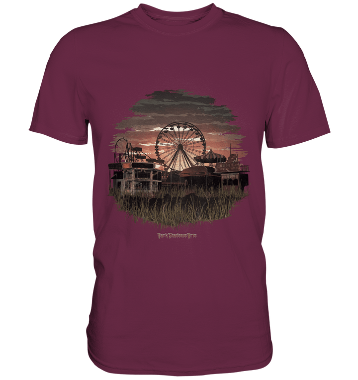 Verlassener Jahrmarkt bei Sonnenuntergang Unheimliches Riesenrad und überwucherter Rasen - Premium Shirt | Unisex - Shirts | Dark Shadows Arts