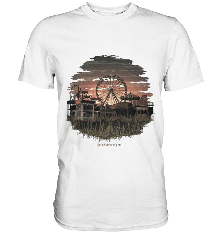 Verlassener Jahrmarkt bei Sonnenuntergang Unheimliches Riesenrad und überwucherter Rasen - Premium Shirt | Unisex - Shirts | Dark Shadows Arts