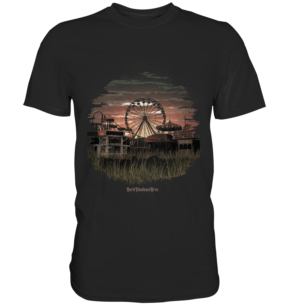 Verlassener Jahrmarkt bei Sonnenuntergang Unheimliches Riesenrad und überwucherter Rasen - Premium Shirt | Unisex - Shirts | Dark Shadows Arts