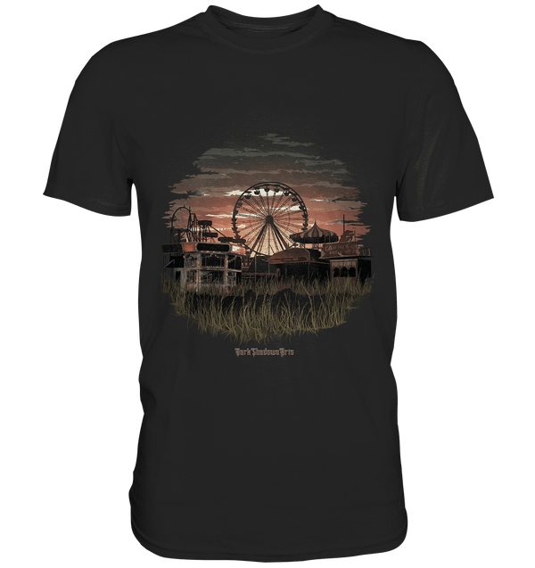 Verlassener Jahrmarkt bei Sonnenuntergang Unheimliches Riesenrad und überwucherter Rasen - Premium Shirt | Unisex - Shirts | Dark Shadows Arts