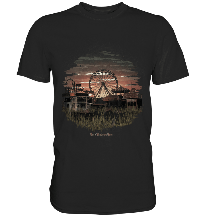 Verlassener Jahrmarkt bei Sonnenuntergang Unheimliches Riesenrad und überwucherter Rasen - Premium Shirt | Unisex - Shirts | Dark Shadows Arts