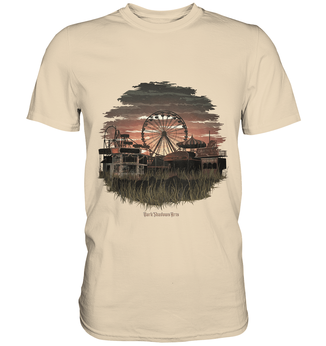 Verlassener Jahrmarkt bei Sonnenuntergang Unheimliches Riesenrad und überwucherter Rasen - Premium Shirt | Unisex - Shirts | Dark Shadows Arts
