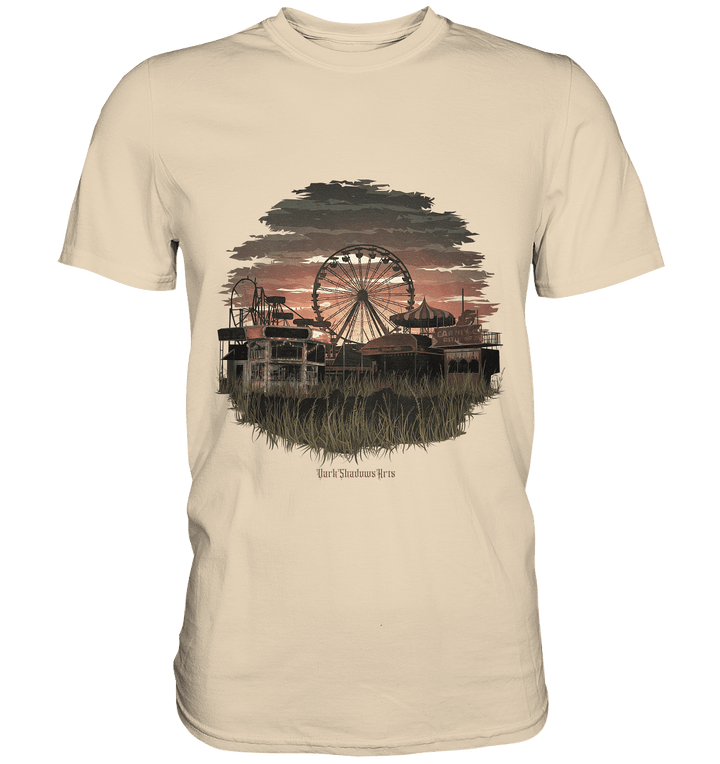 Verlassener Jahrmarkt bei Sonnenuntergang Unheimliches Riesenrad und überwucherter Rasen - Premium Shirt | Unisex - Shirts | Dark Shadows Arts