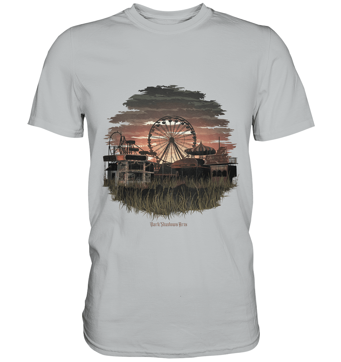 Verlassener Jahrmarkt bei Sonnenuntergang Unheimliches Riesenrad und überwucherter Rasen - Premium Shirt | Unisex - Shirts | Dark Shadows Arts